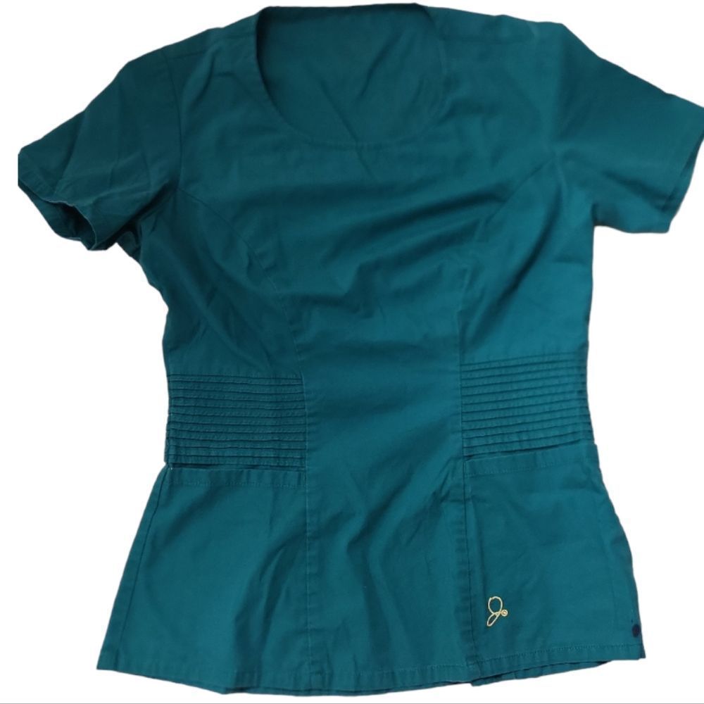 JAANUU Hunter‎ Green Moto Peplum Zip Side  Scrub Top Size XS (Flawed)